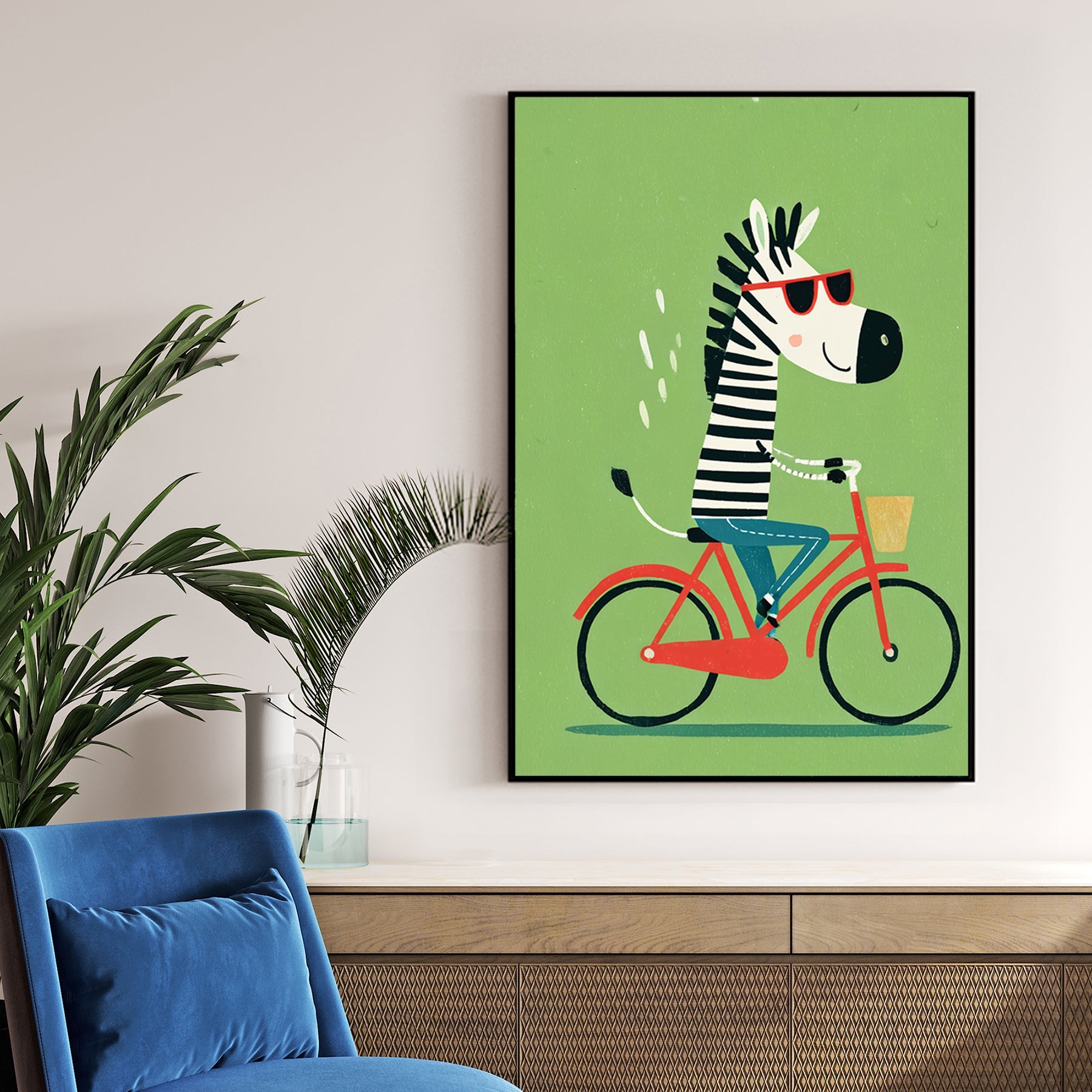 zebra riding a red bike cartoon wall art with green background