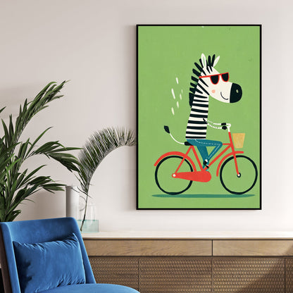 zebra riding a red bike cartoon wall art with green background