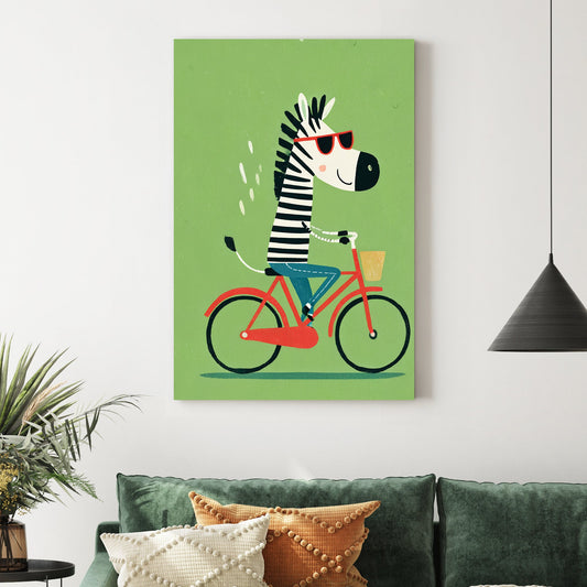 zebra riding a red bike cartoon wall art with green background