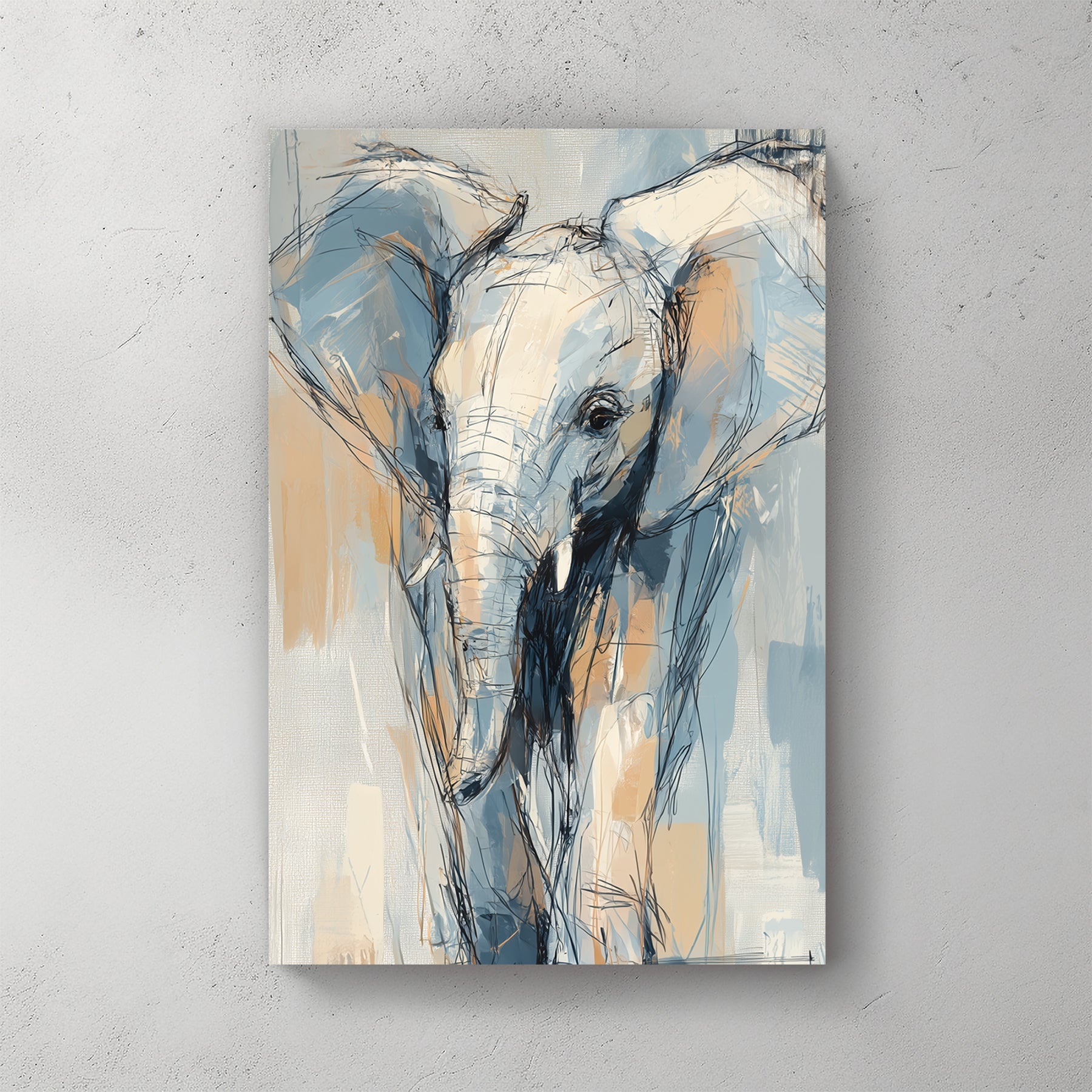 abstract elephant wall art in sketch style with blue and beige tones
