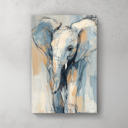 abstract elephant wall art in sketch style with blue and beige tones