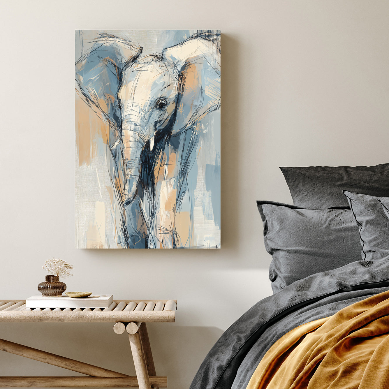 abstract elephant wall art in sketch style with blue and beige tones