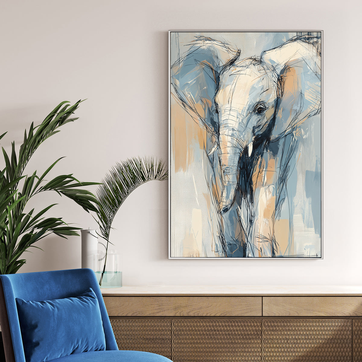 abstract elephant wall art in sketch style with blue and beige tones