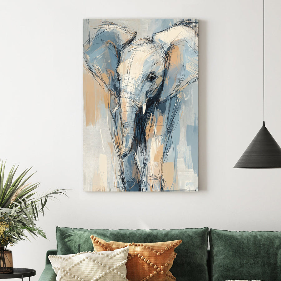 abstract elephant wall art in sketch style with blue and beige tones