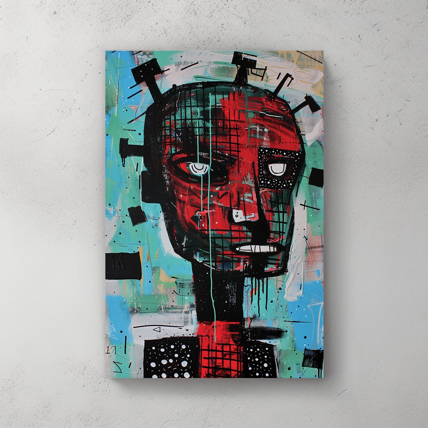 basquiat-style abstract humanoid face in red and turquoise graffiti art