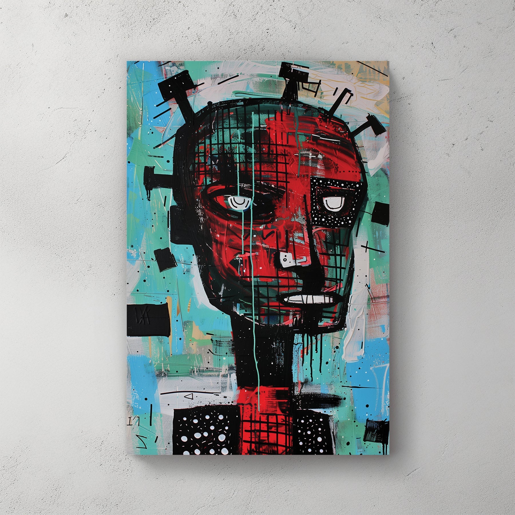 basquiat-style abstract humanoid face in red and turquoise graffiti art