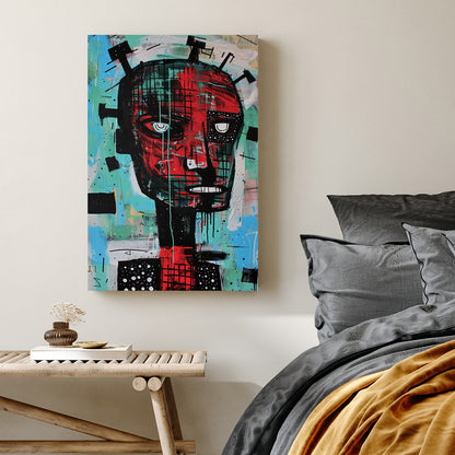 basquiat-style abstract humanoid face in red and turquoise graffiti art