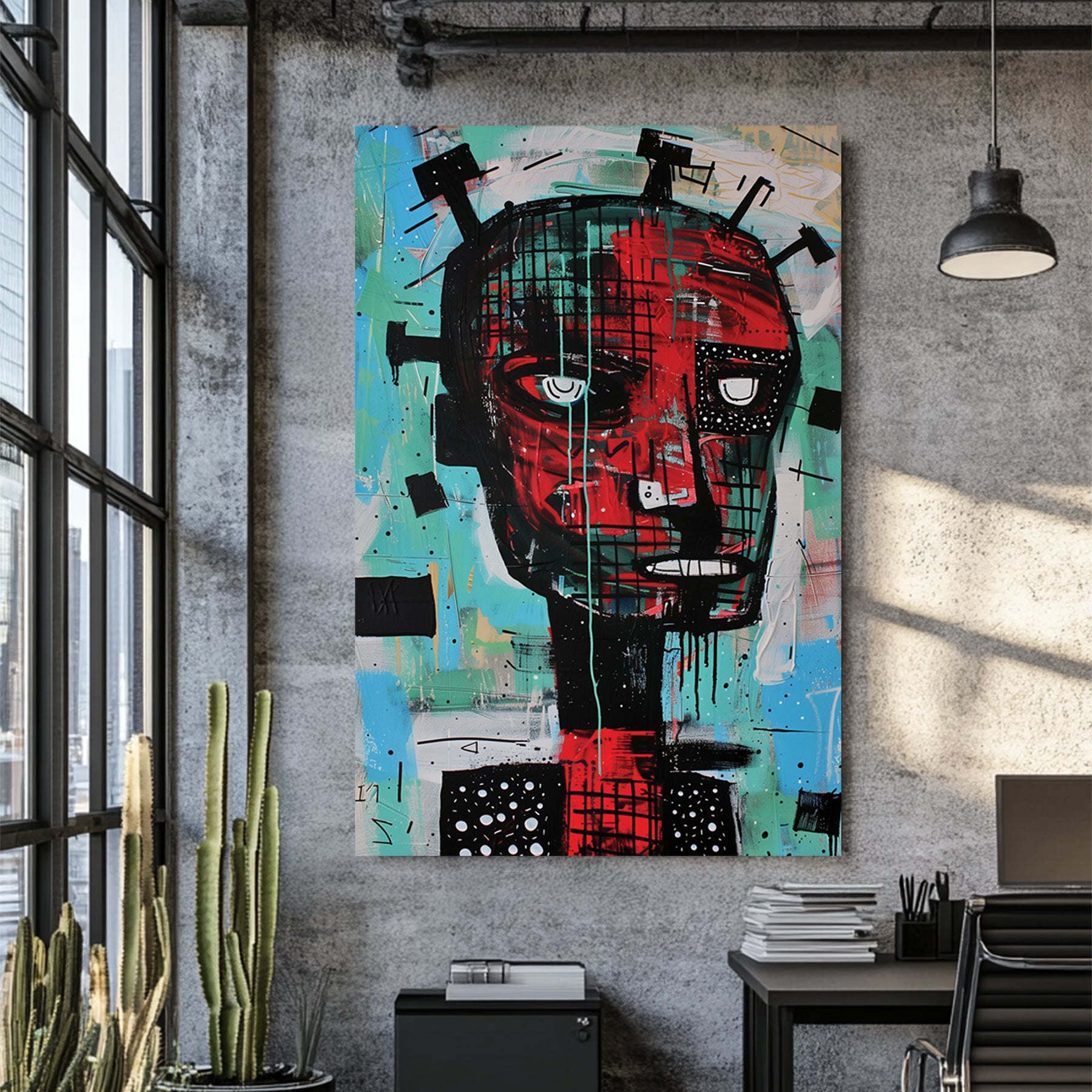 basquiat-style abstract humanoid face in red and turquoise graffiti art