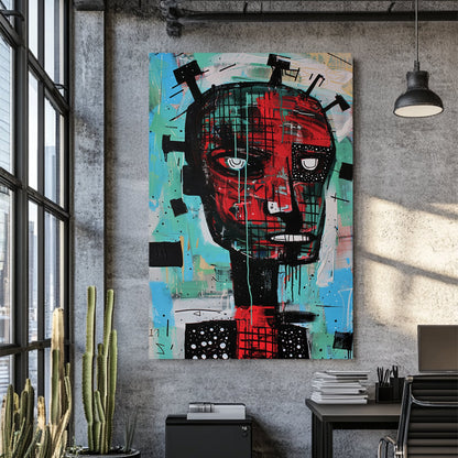 basquiat-style abstract humanoid face in red and turquoise graffiti art