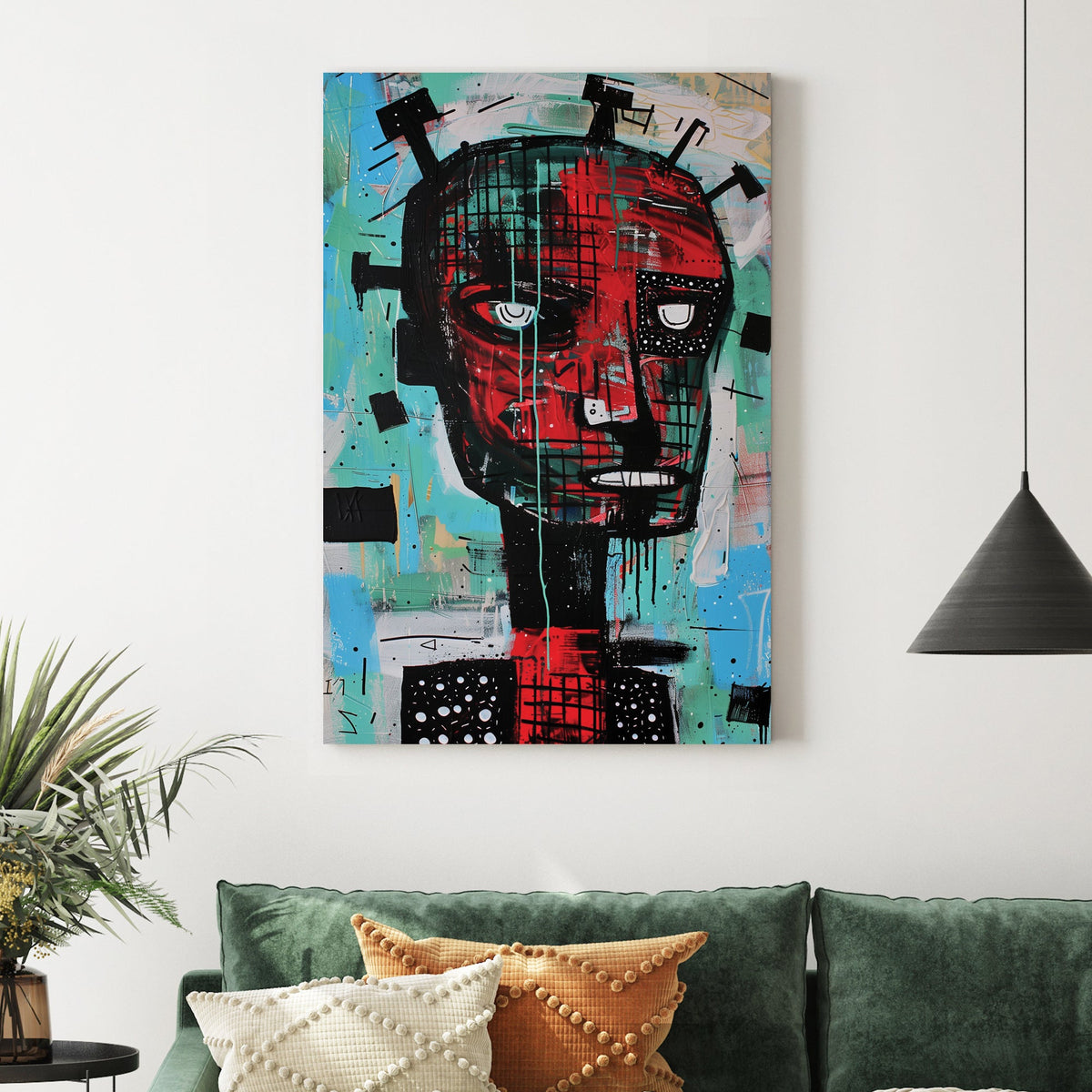 basquiat-style abstract humanoid face in red and turquoise graffiti art