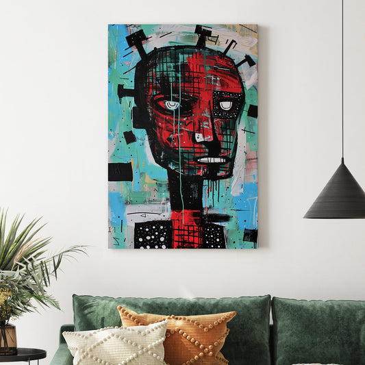 basquiat-style abstract humanoid face in red and turquoise graffiti art