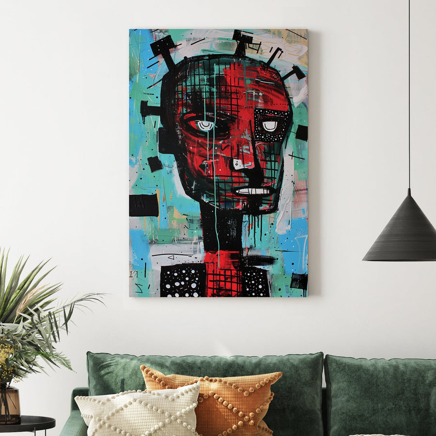 basquiat-style abstract humanoid face in red and turquoise graffiti art