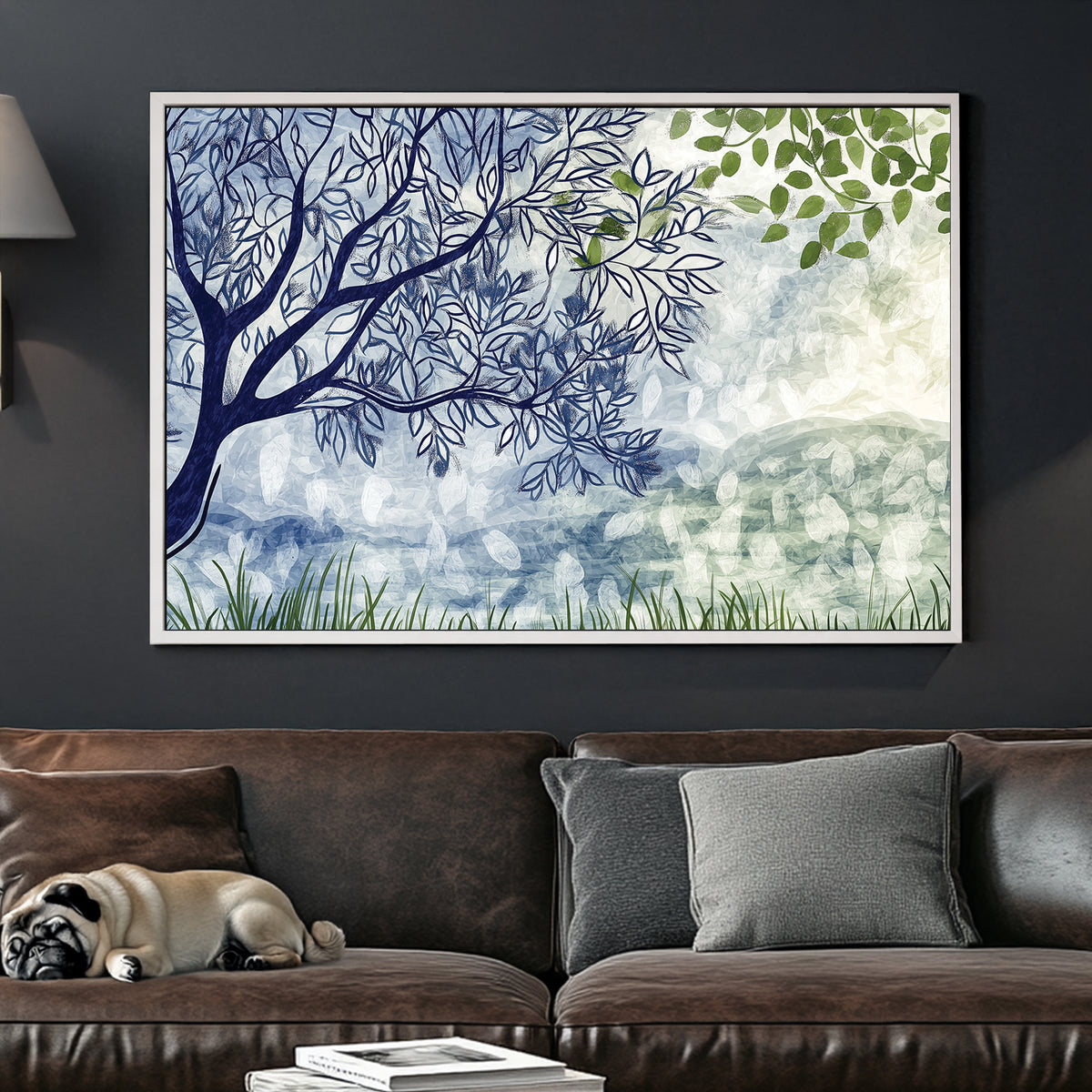 minimalist tree and leaf landscape with soft blue and green tones