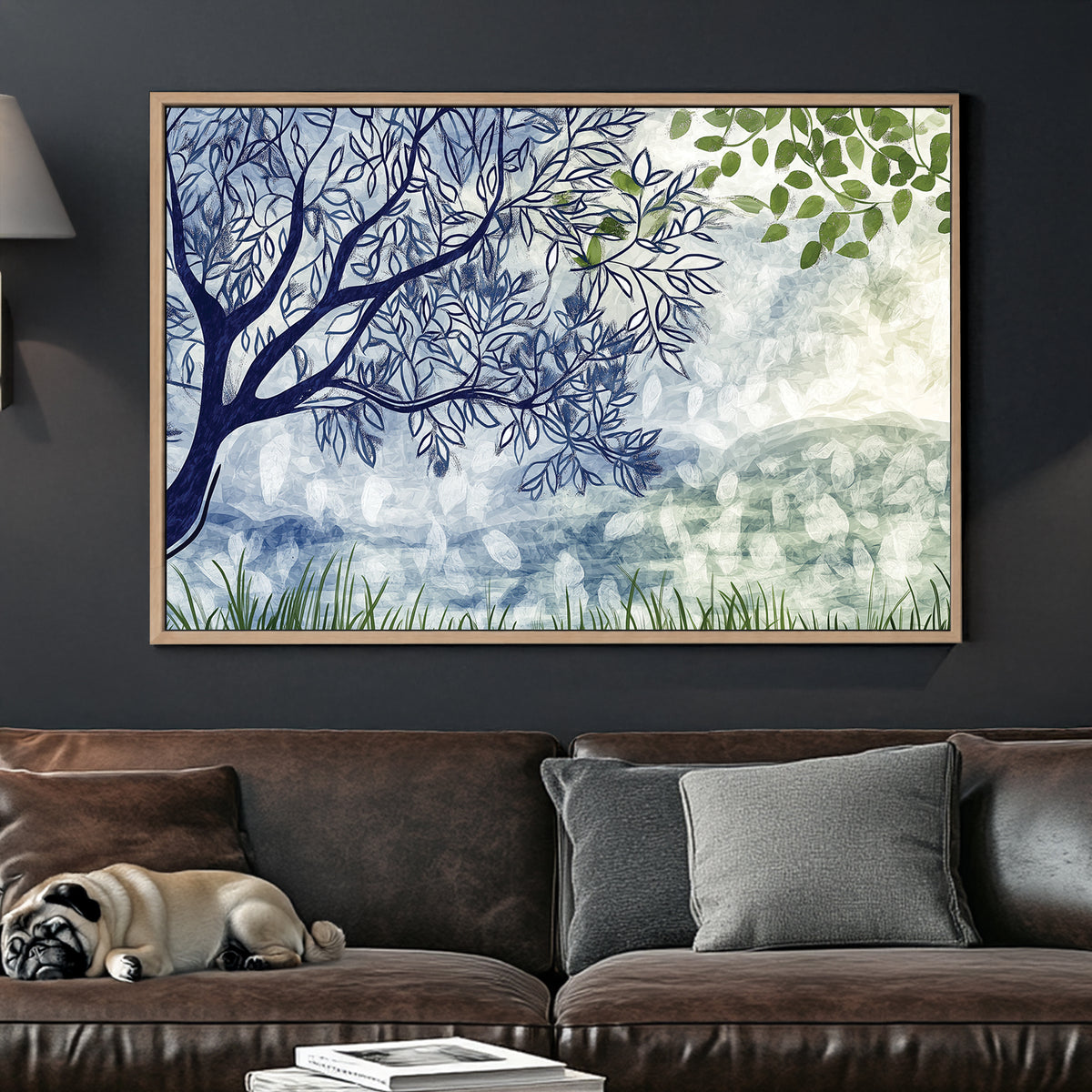 minimalist tree and leaf landscape with soft blue and green tones