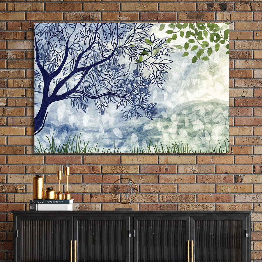 minimalist tree and leaf landscape with soft blue and green tones