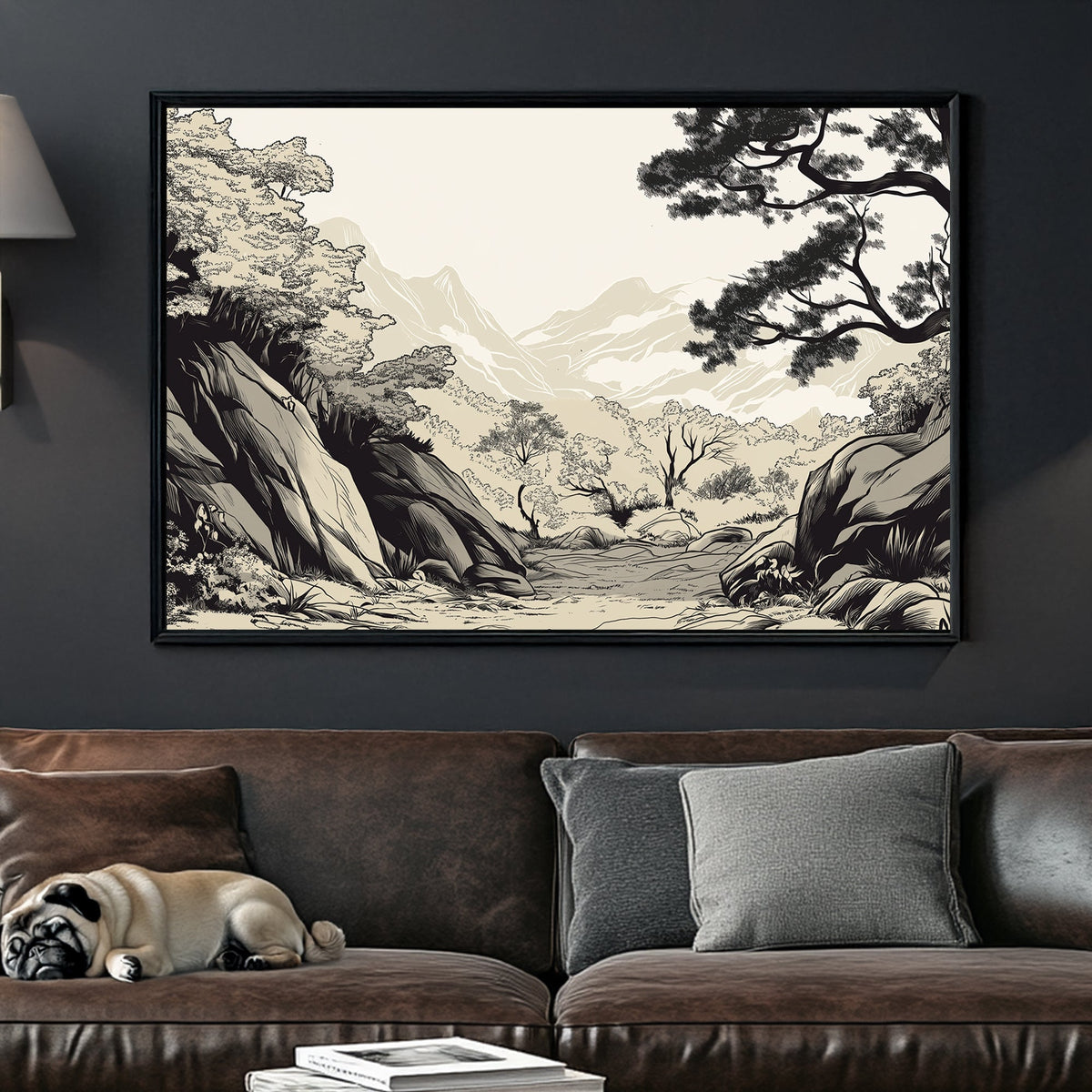 japanese ink art style valley landscape with trees and mountains in black and beige