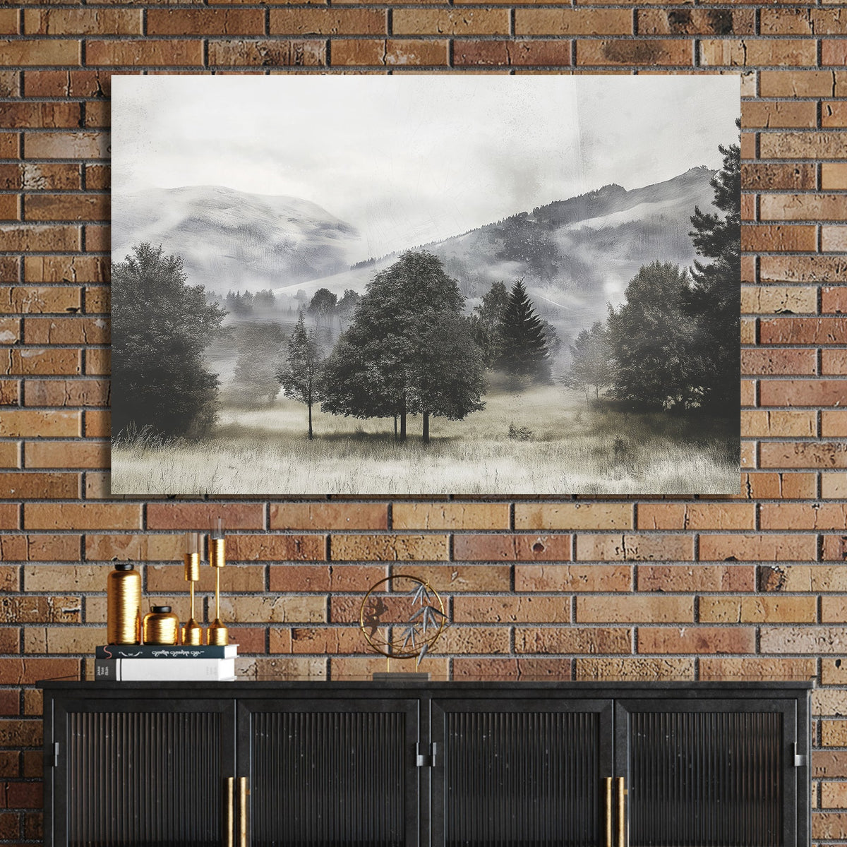 black and white landscape of foggy trees and distant hills in open meadow
