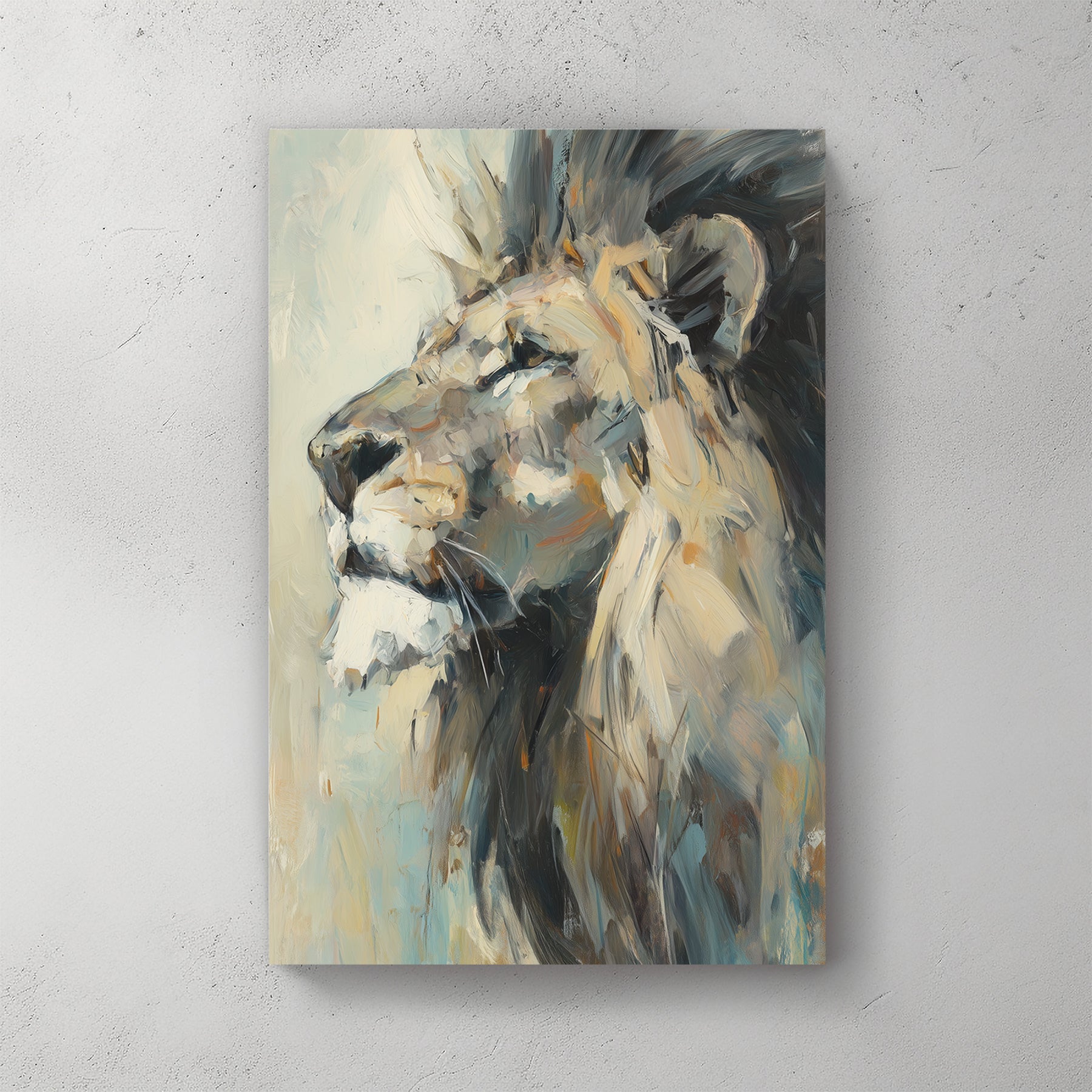 oil painting of lion in profile with thick brushstrokes and expressive detail