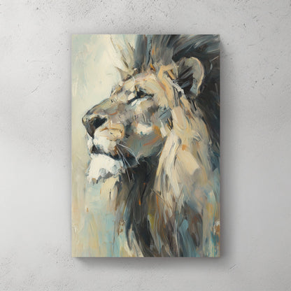 oil painting of lion in profile with thick brushstrokes and expressive detail