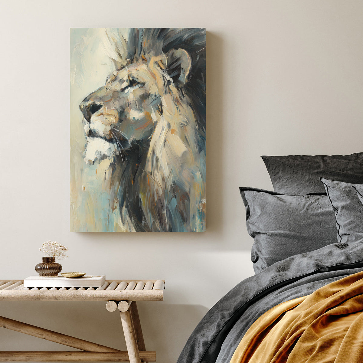 oil painting of lion in profile with thick brushstrokes and expressive detail