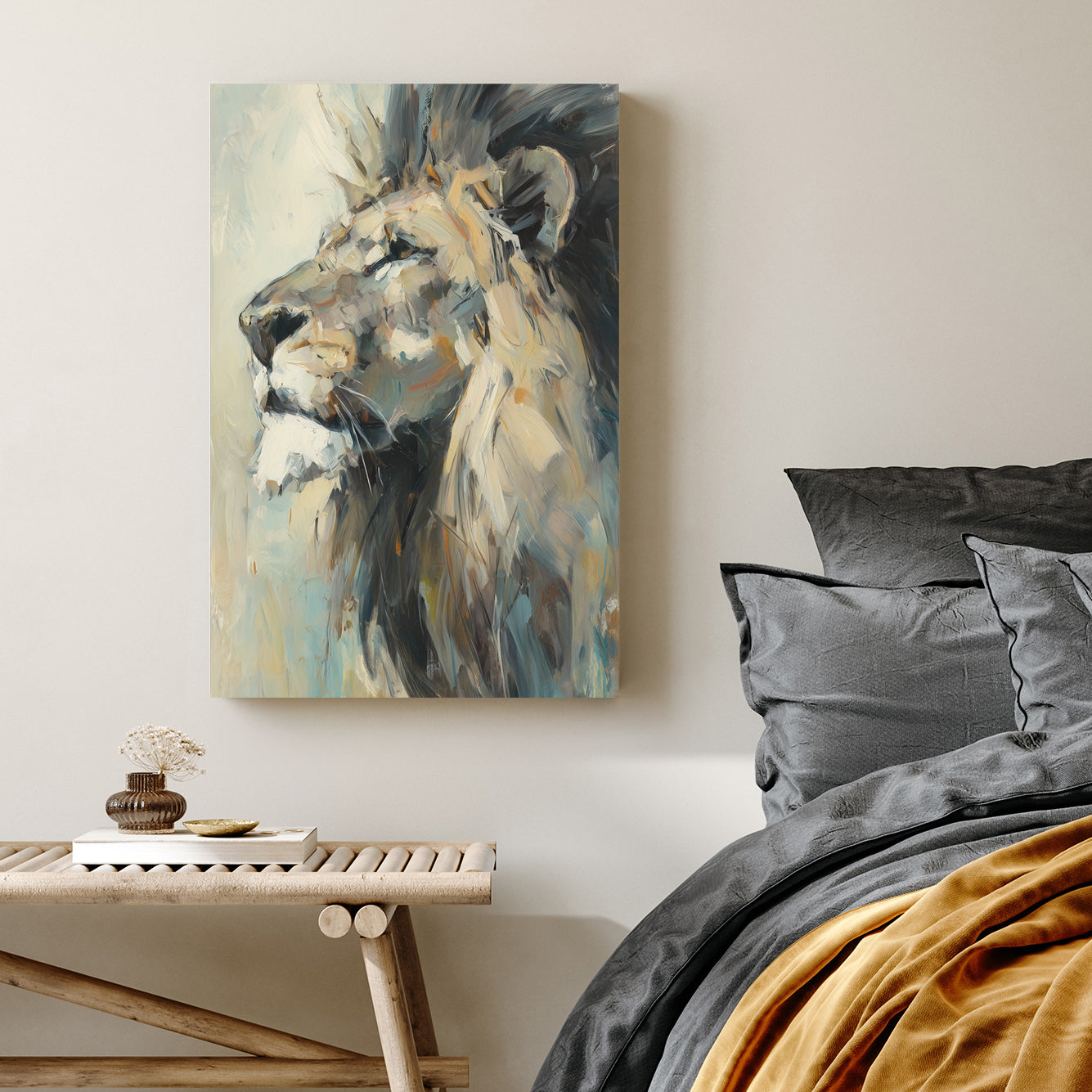 oil painting of lion in profile with thick brushstrokes and expressive detail