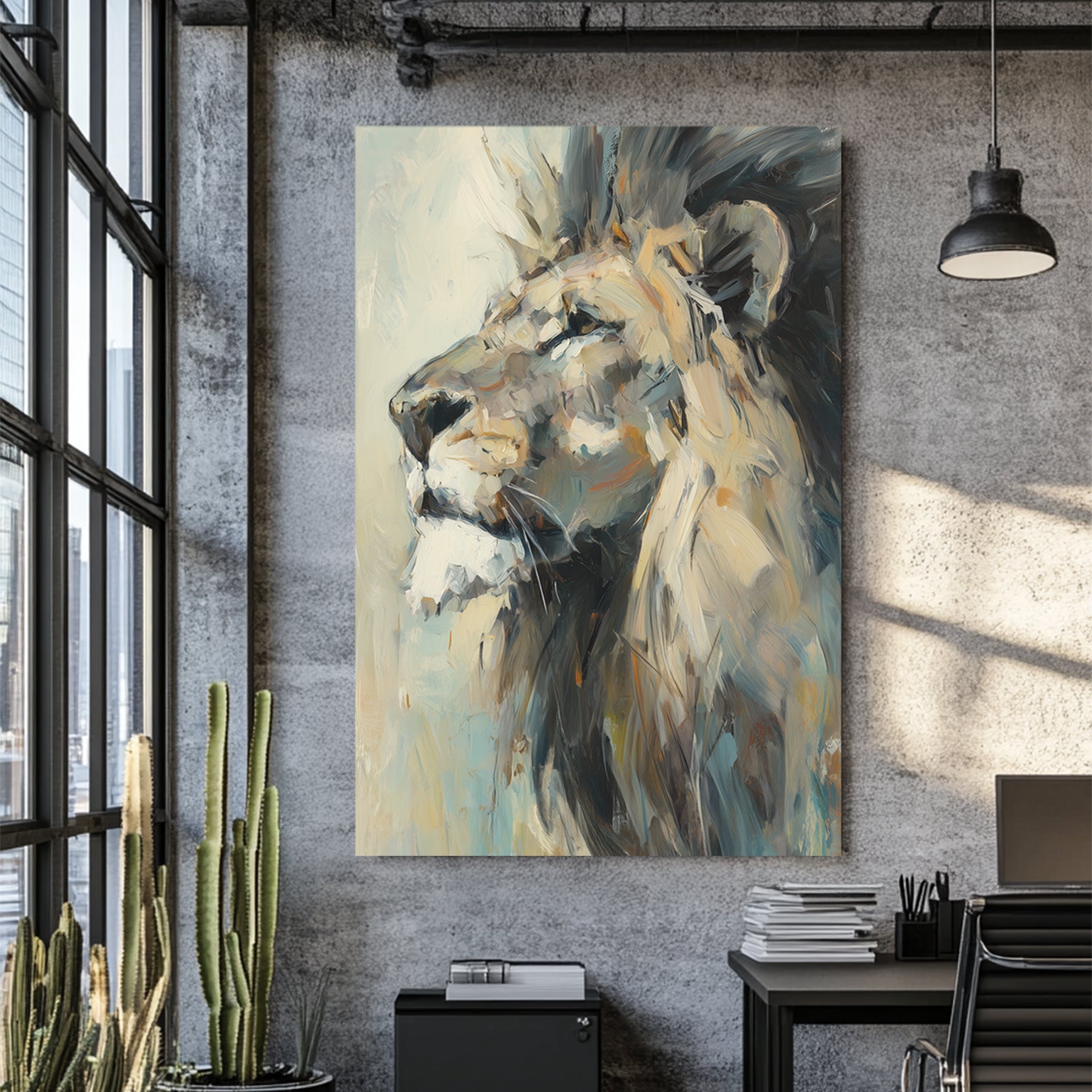 oil painting of lion in profile with thick brushstrokes and expressive detail