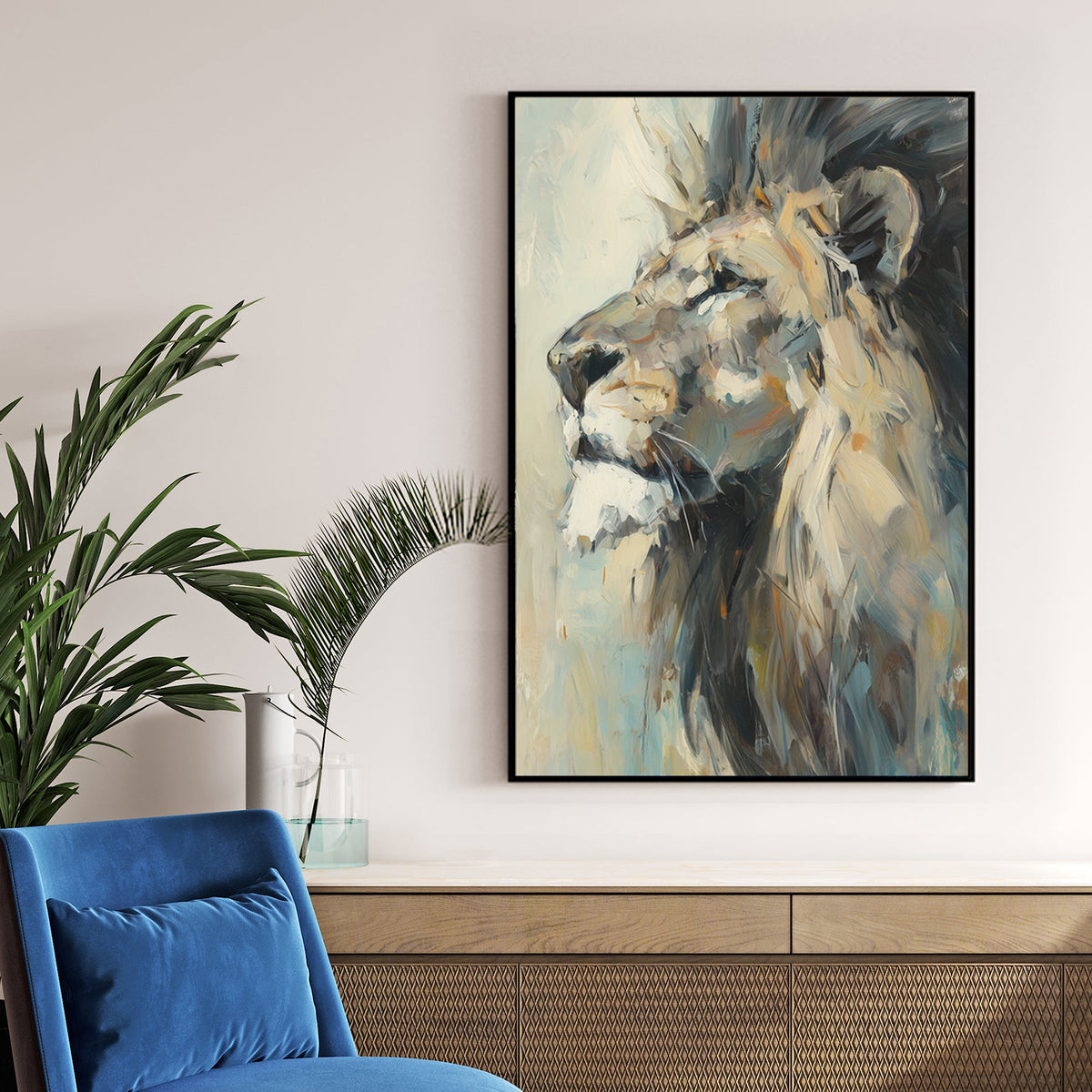 oil painting of lion in profile with thick brushstrokes and expressive detail
