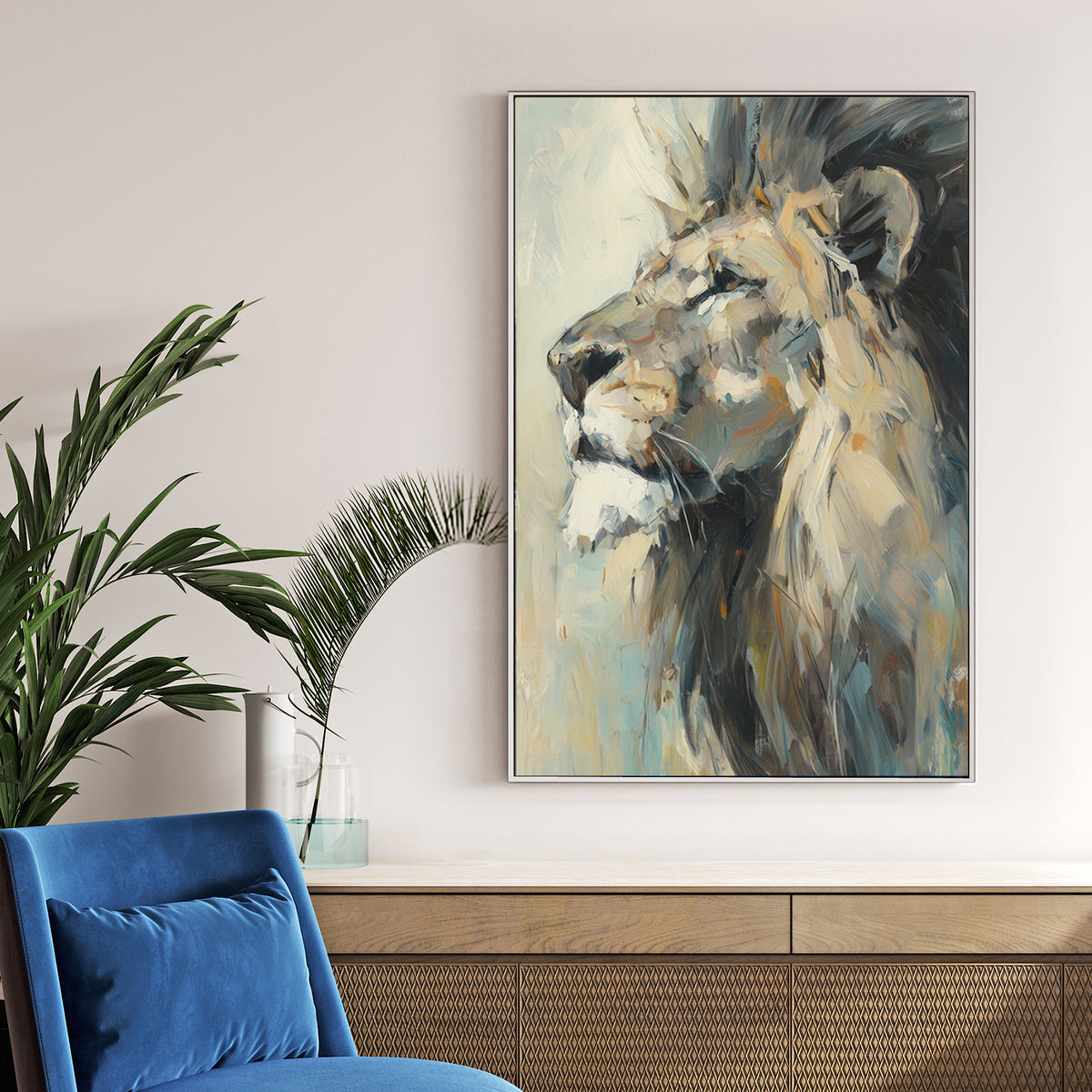 oil painting of lion in profile with thick brushstrokes and expressive detail