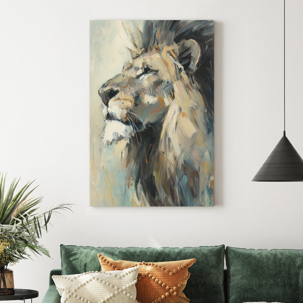 oil painting of lion in profile with thick brushstrokes and expressive detail