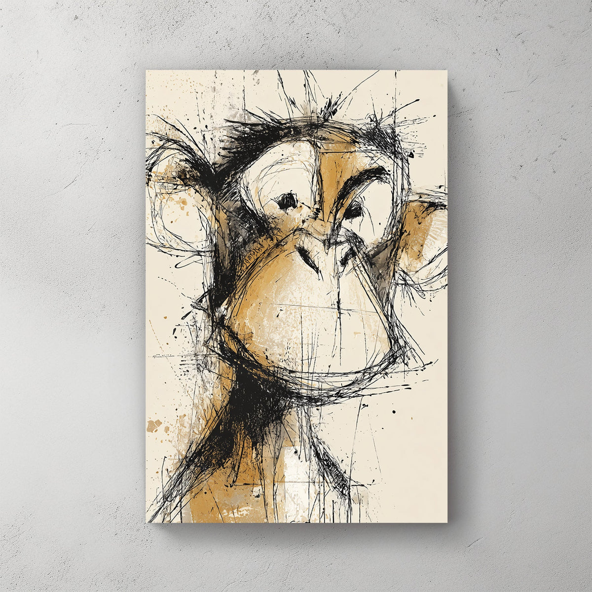 abstract sketch of a monkey face in brown and black ink splatter style