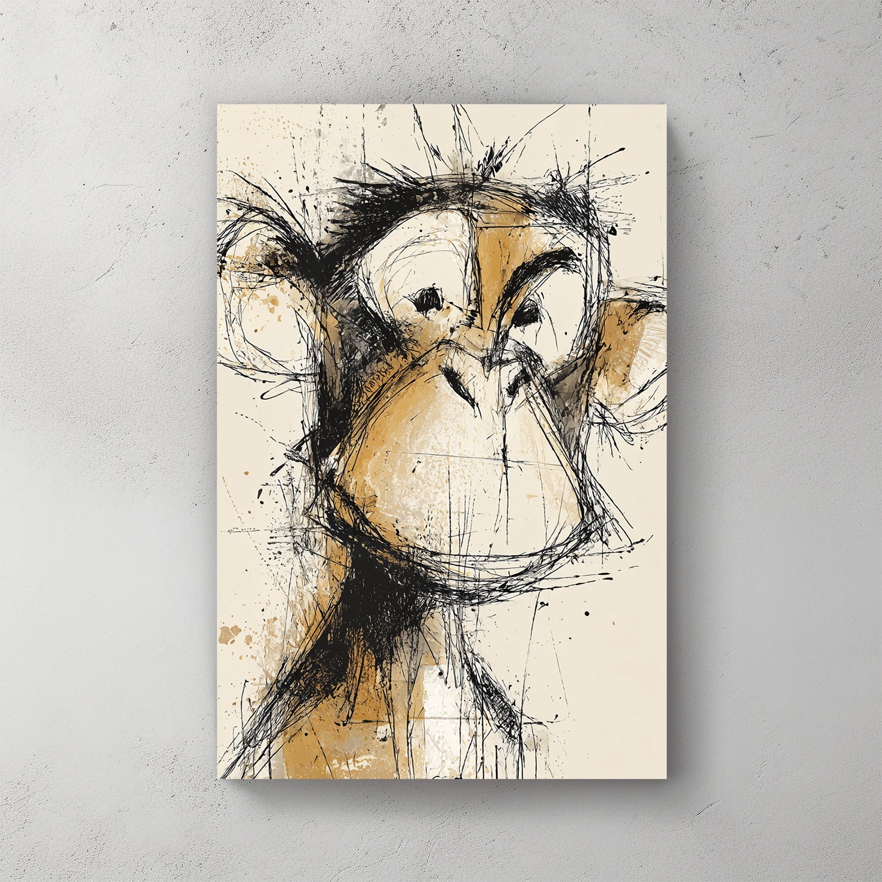 abstract sketch of a monkey face in brown and black ink splatter style