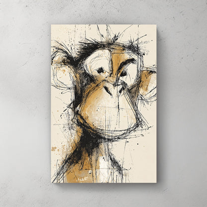abstract sketch of a monkey face in brown and black ink splatter style