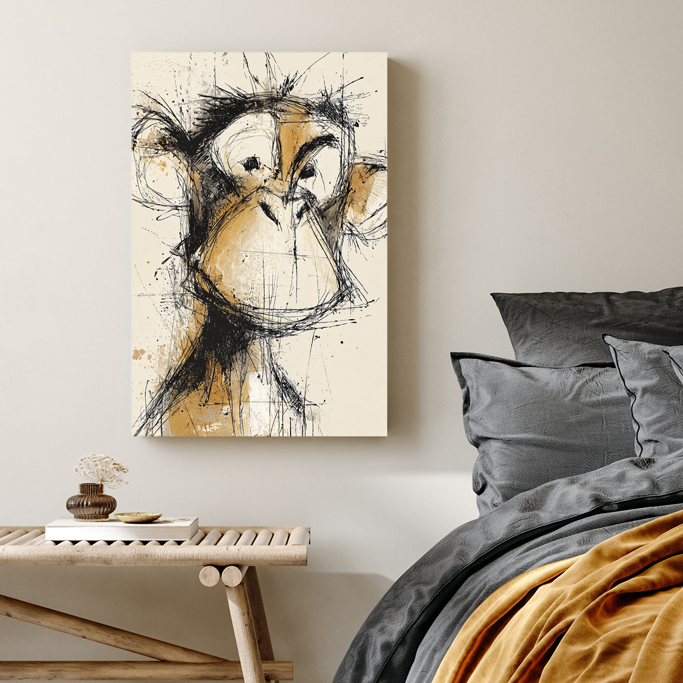 abstract sketch of a monkey face in brown and black ink splatter style