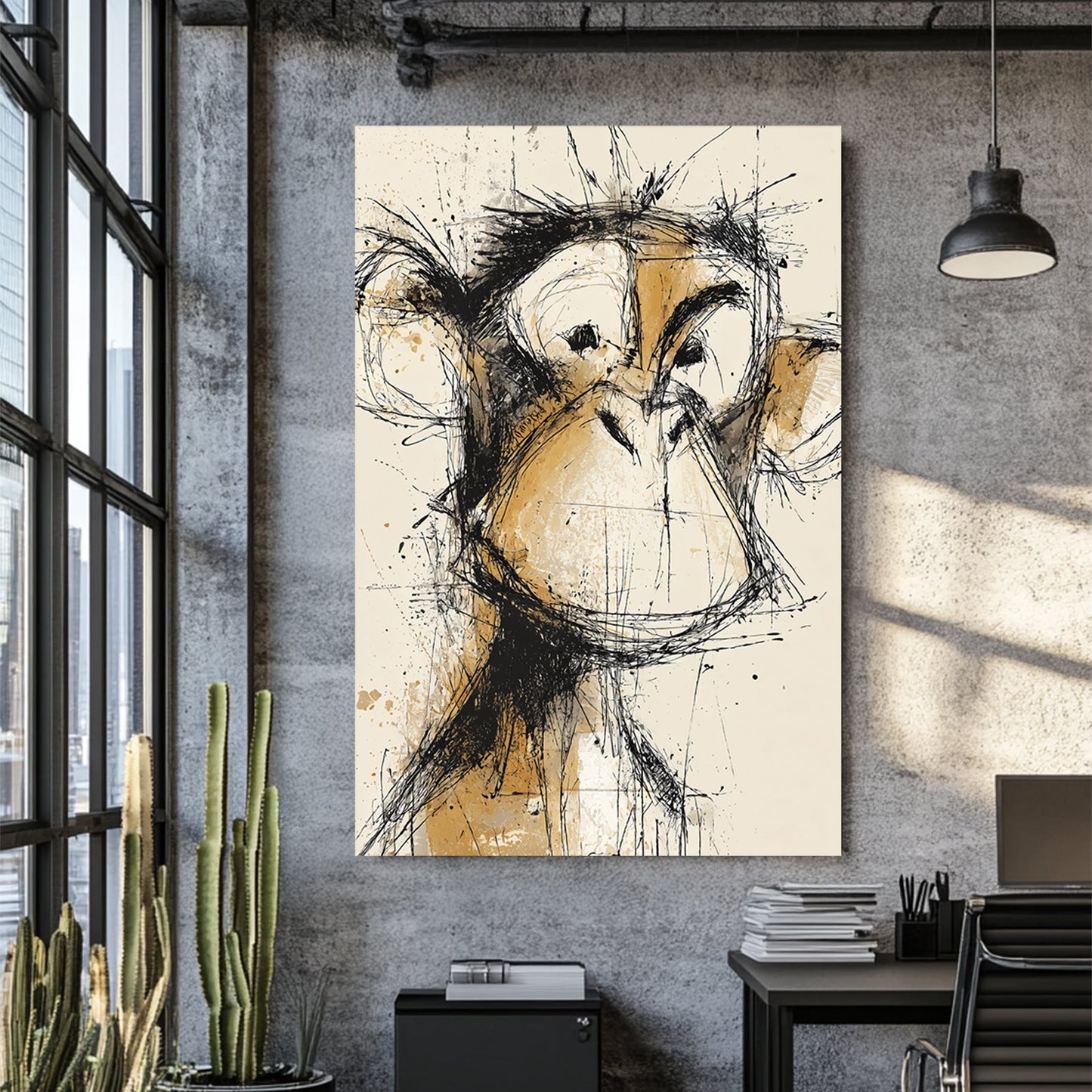 abstract sketch of a monkey face in brown and black ink splatter style