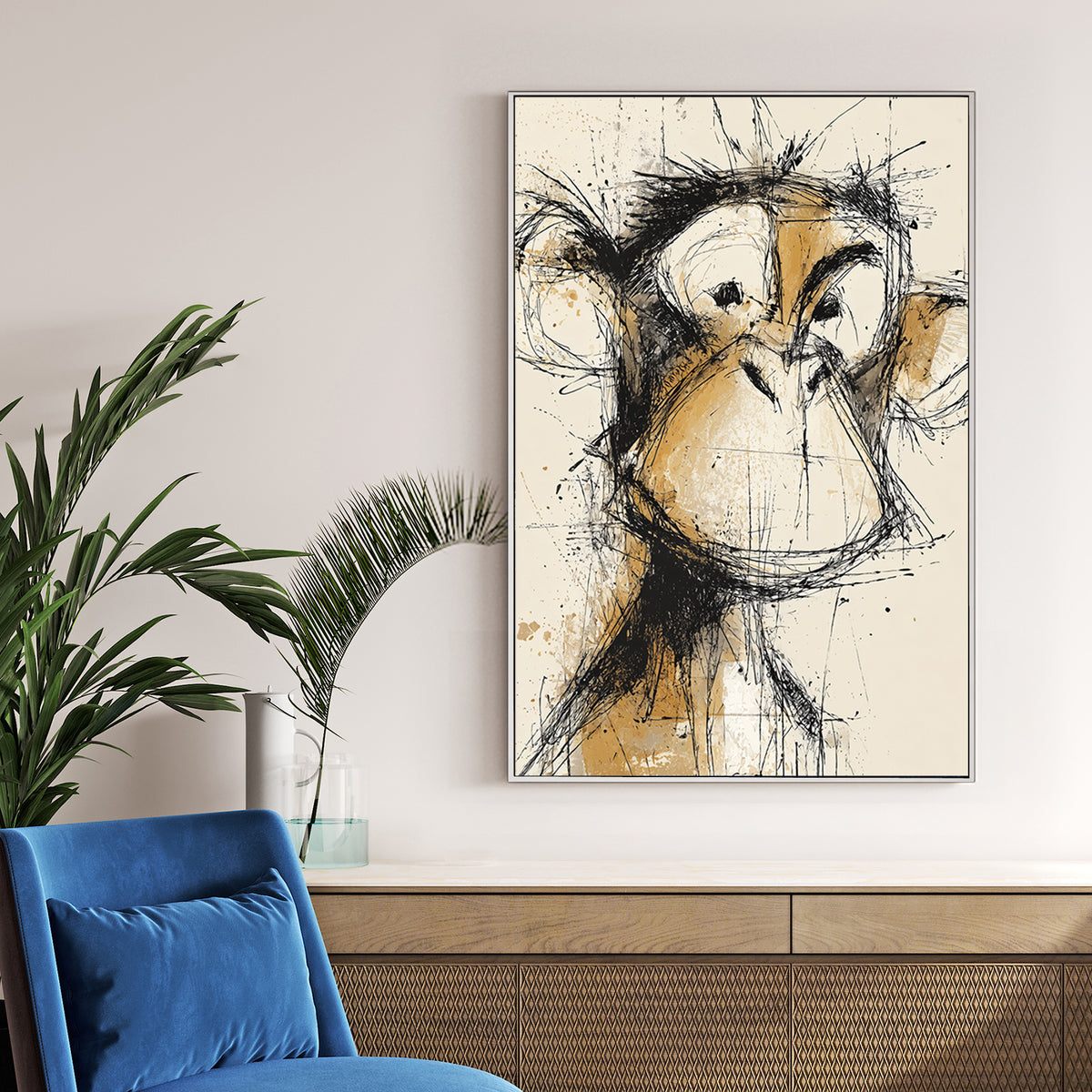abstract sketch of a monkey face in brown and black ink splatter style