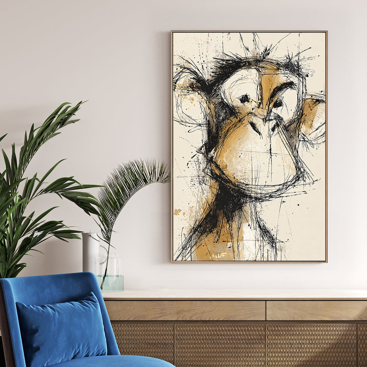 abstract sketch of a monkey face in brown and black ink splatter style