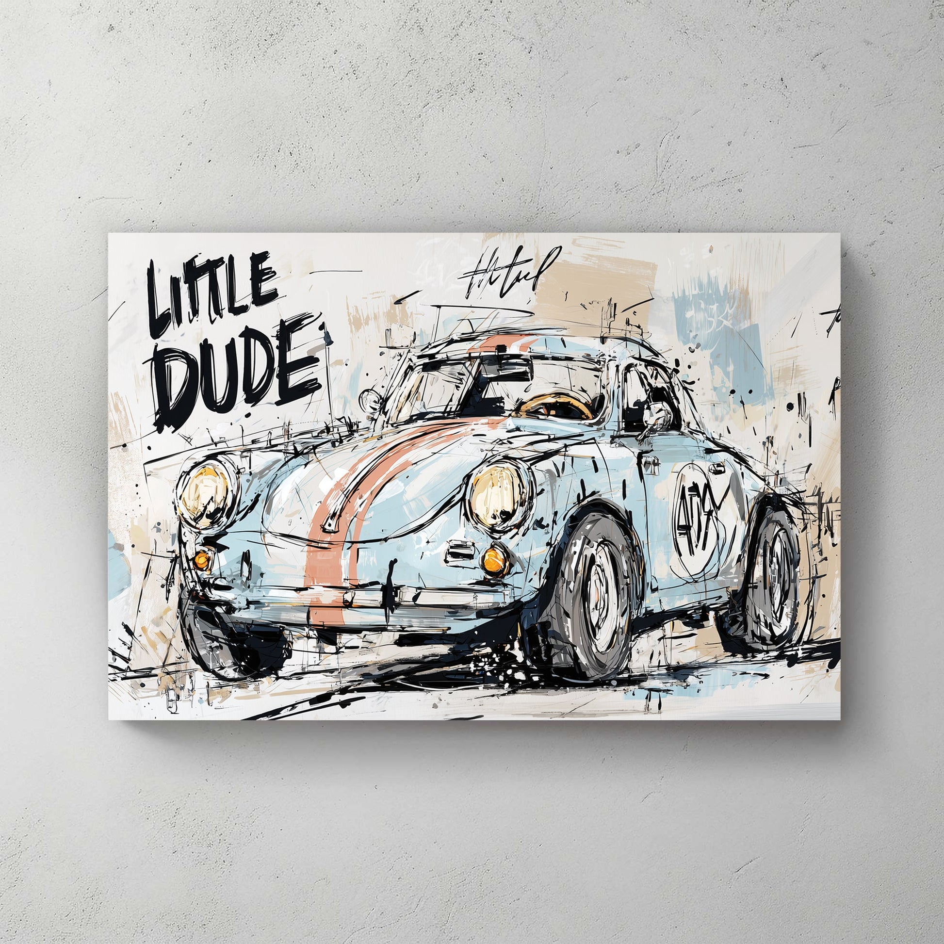 graffiti style vintage racing car wall art with text "Little Dude"