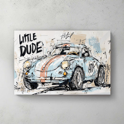 graffiti style vintage racing car wall art with text "Little Dude"