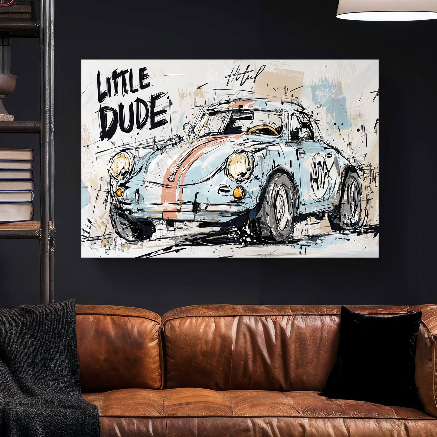 graffiti style vintage racing car wall art with text "Little Dude"