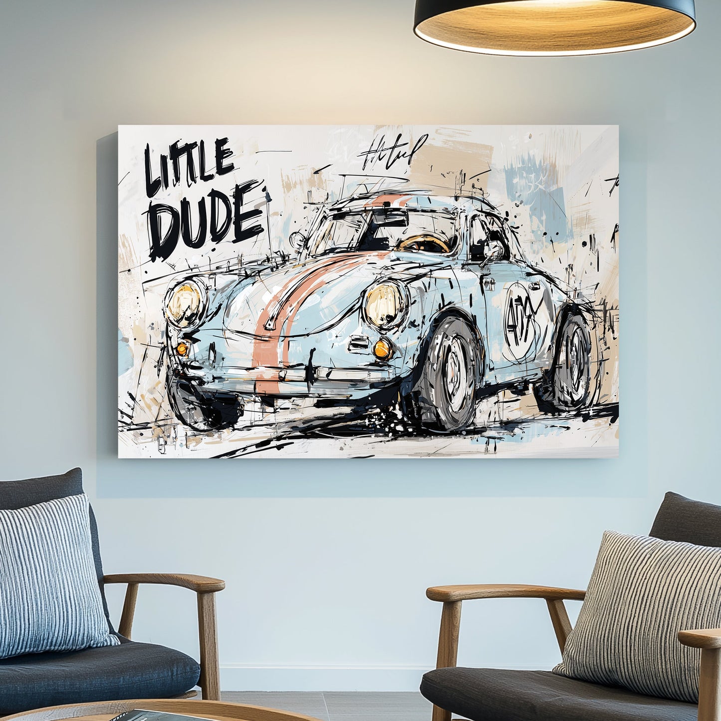 graffiti style vintage racing car wall art with text "Little Dude"