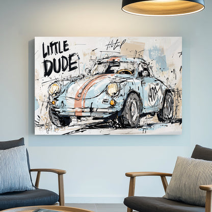 graffiti style vintage racing car wall art with text "Little Dude"