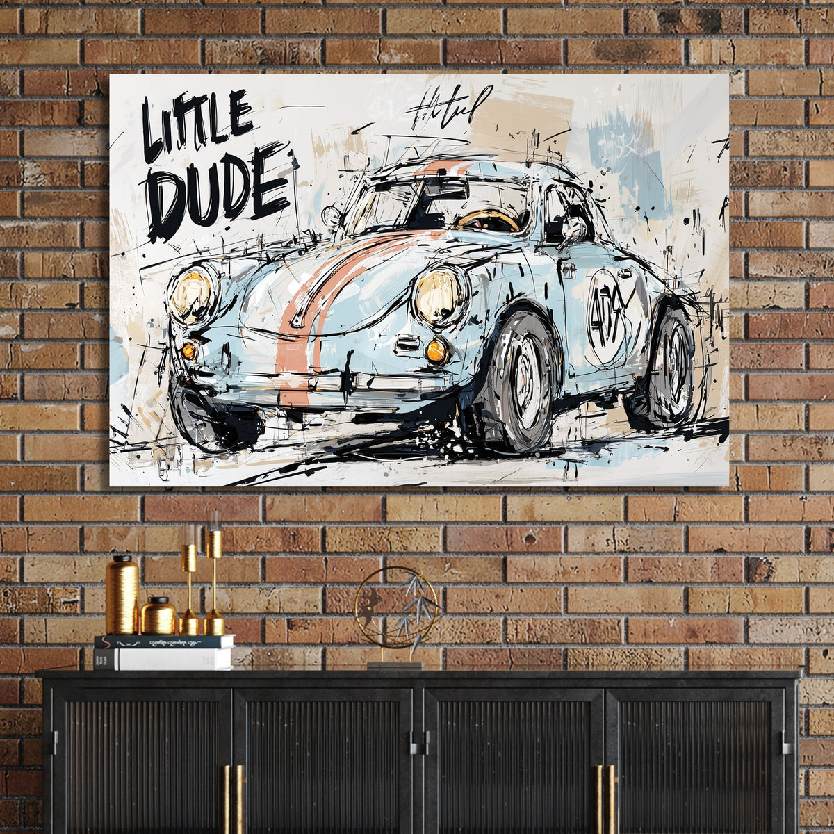 graffiti style vintage racing car wall art with text "Little Dude"