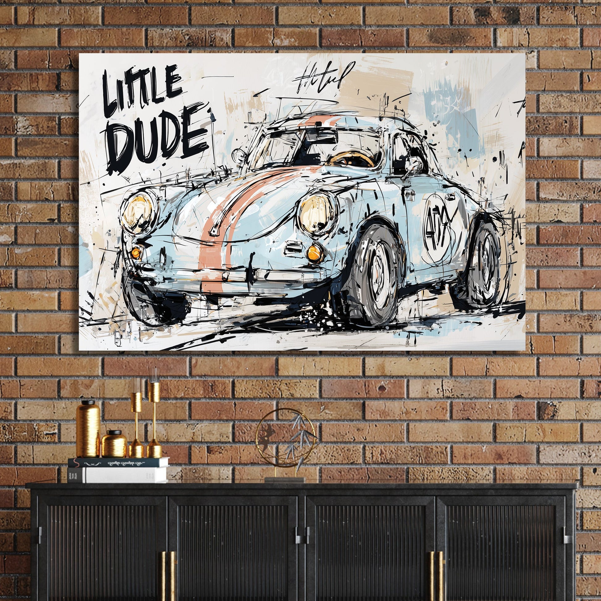 graffiti style vintage racing car wall art with text "Little Dude"