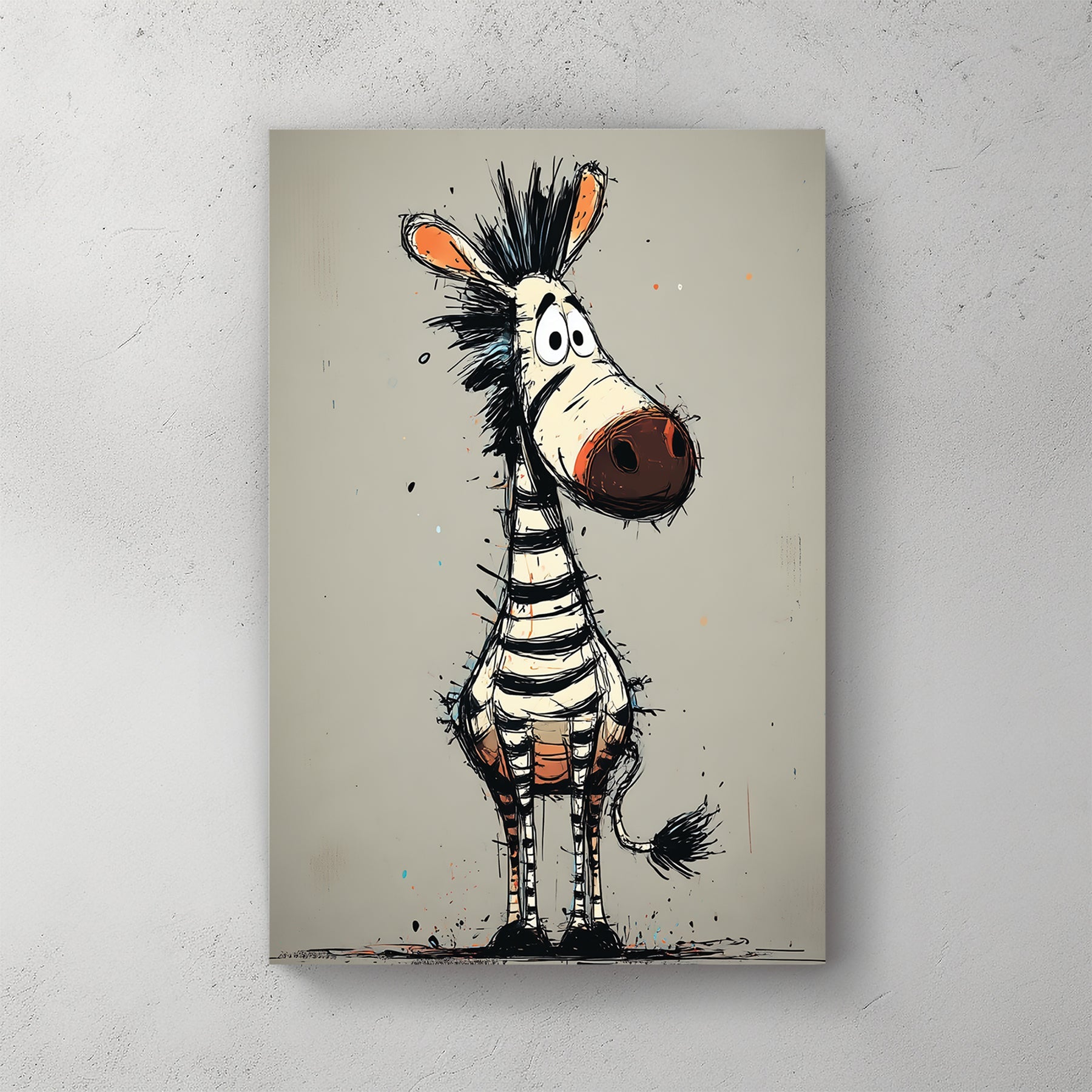 cartoon zebra wall art with doodle style and goofy expression