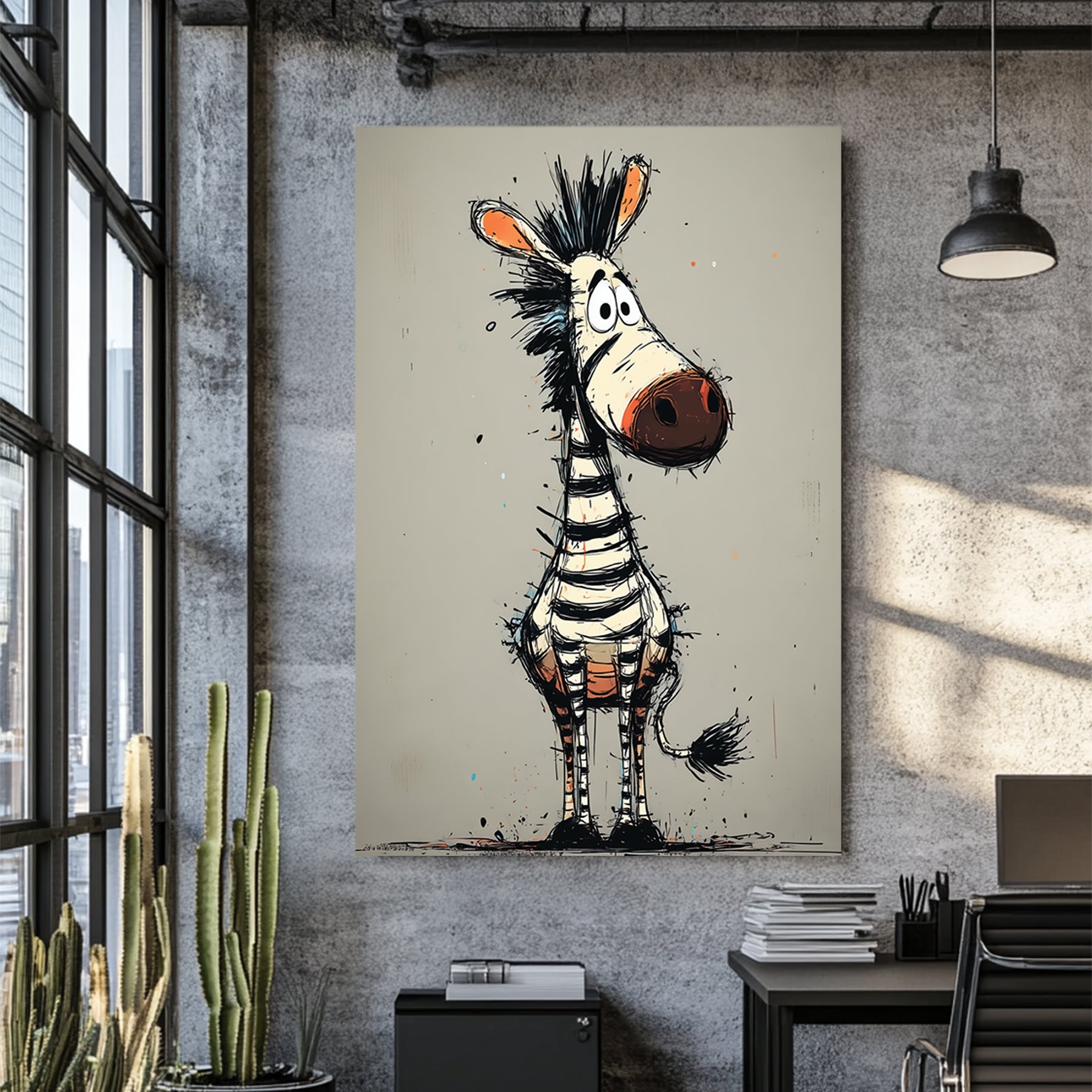 cartoon zebra wall art with doodle style and goofy expression