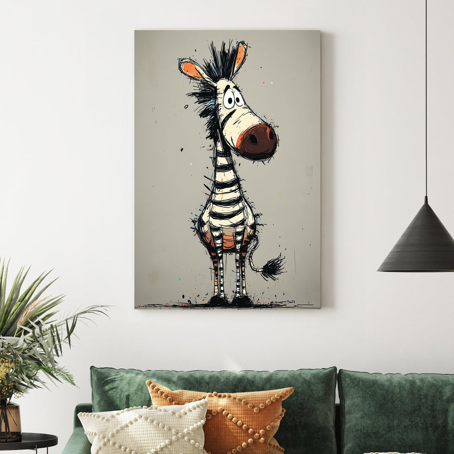 cartoon zebra wall art with doodle style and goofy expression
