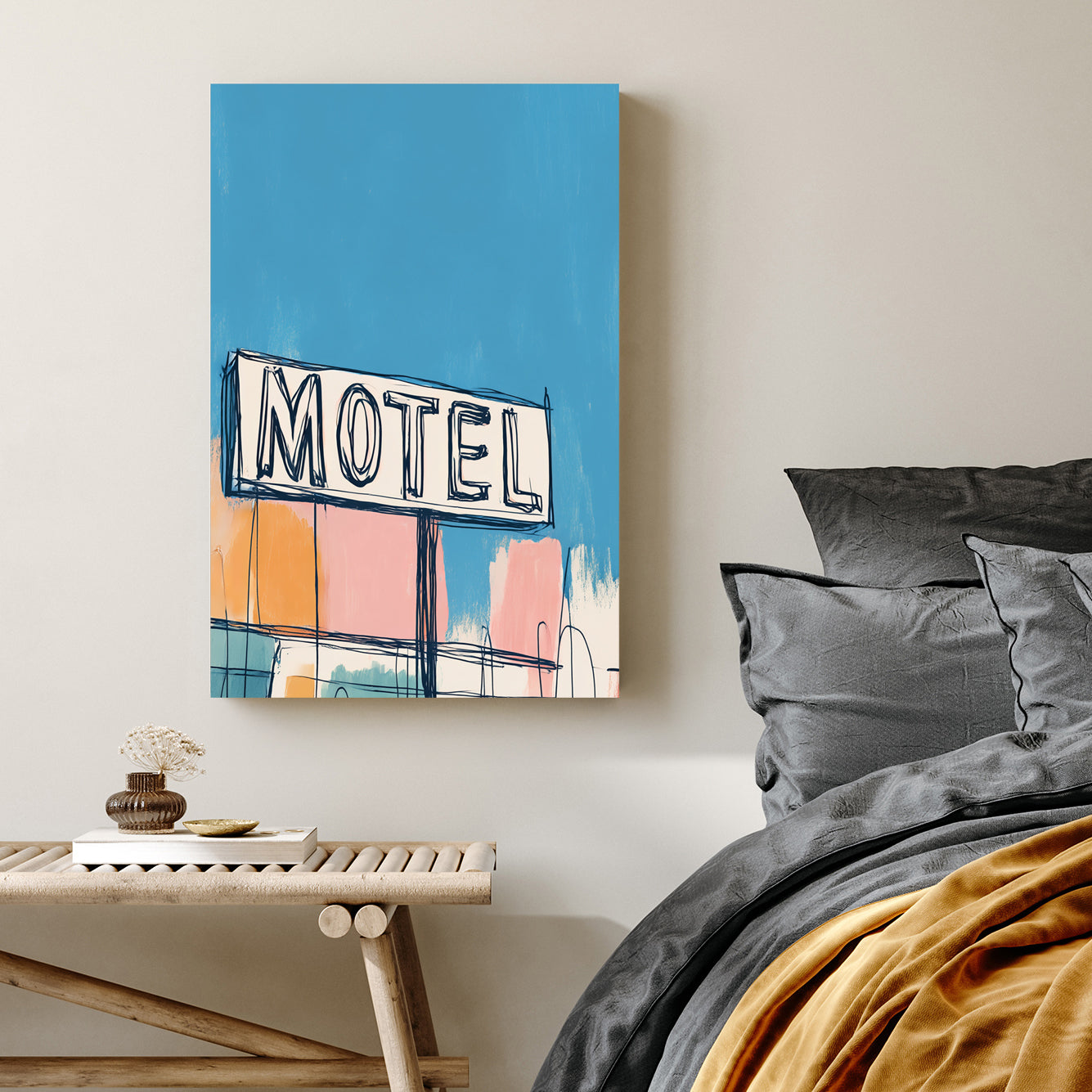 retro motel sign wall art with colourful pastel background