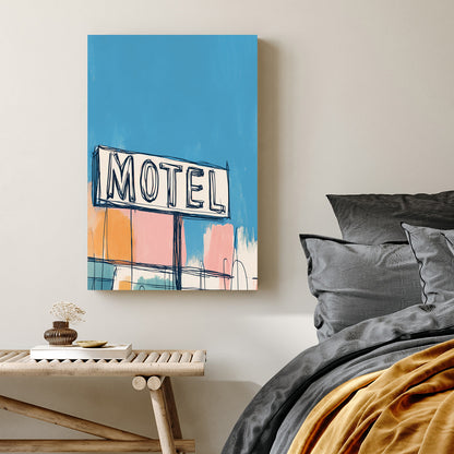 retro motel sign wall art with colourful pastel background