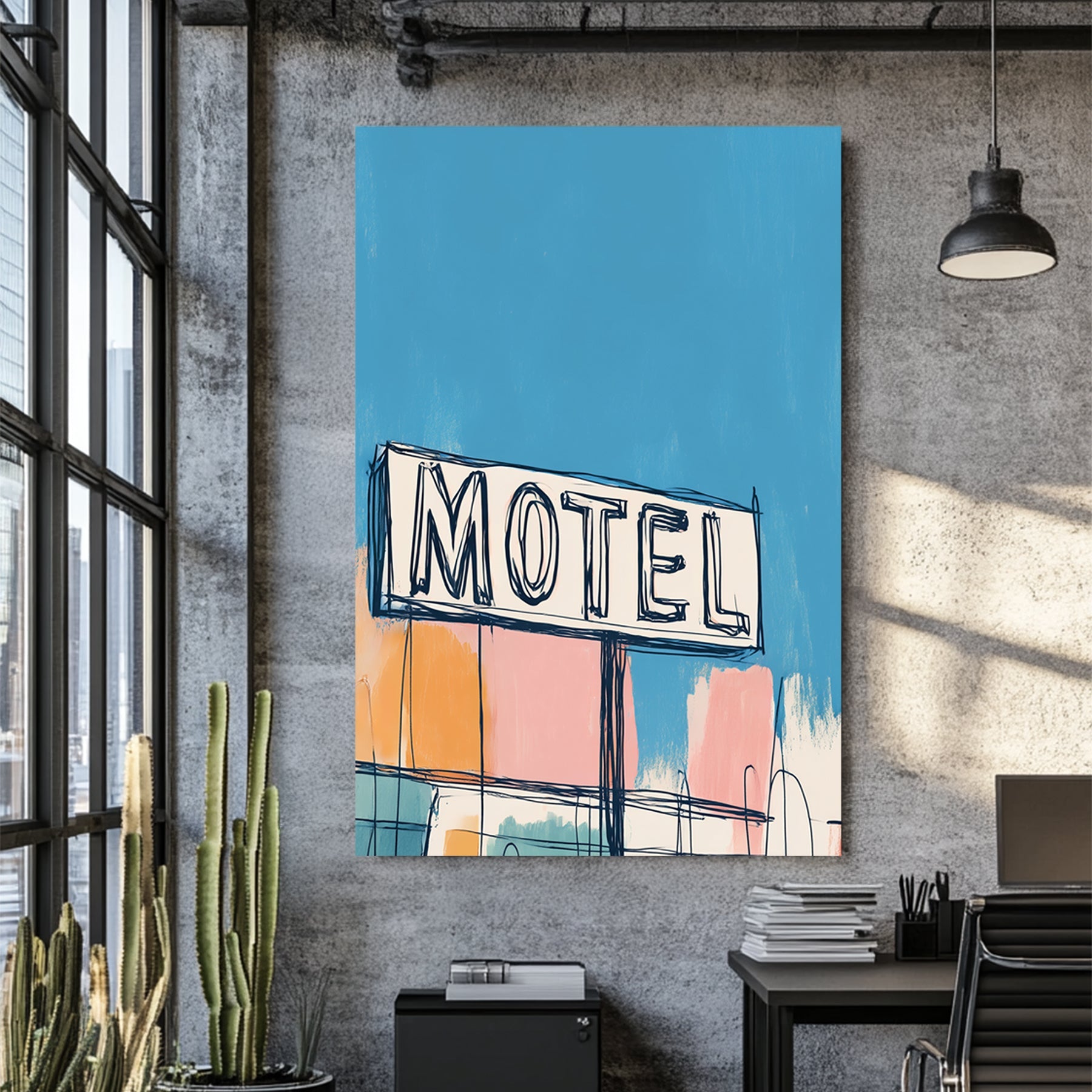 retro motel sign wall art with colourful pastel background