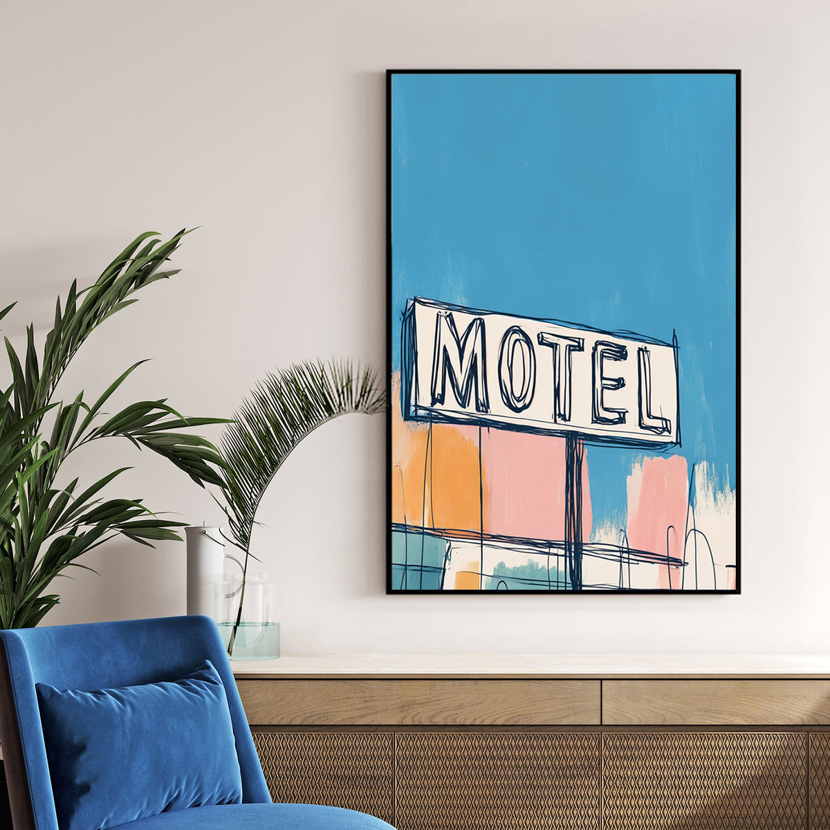 retro motel sign wall art with colourful pastel background